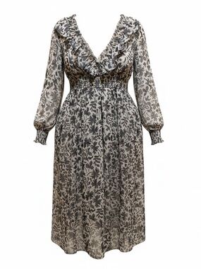 Smoky Floral Ruffle V-Neck Long Sleeve Midi Dress